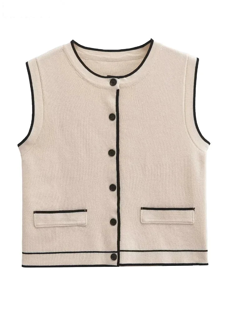 Dual-Tone Knit Vest Contrast Binding Crop Top	