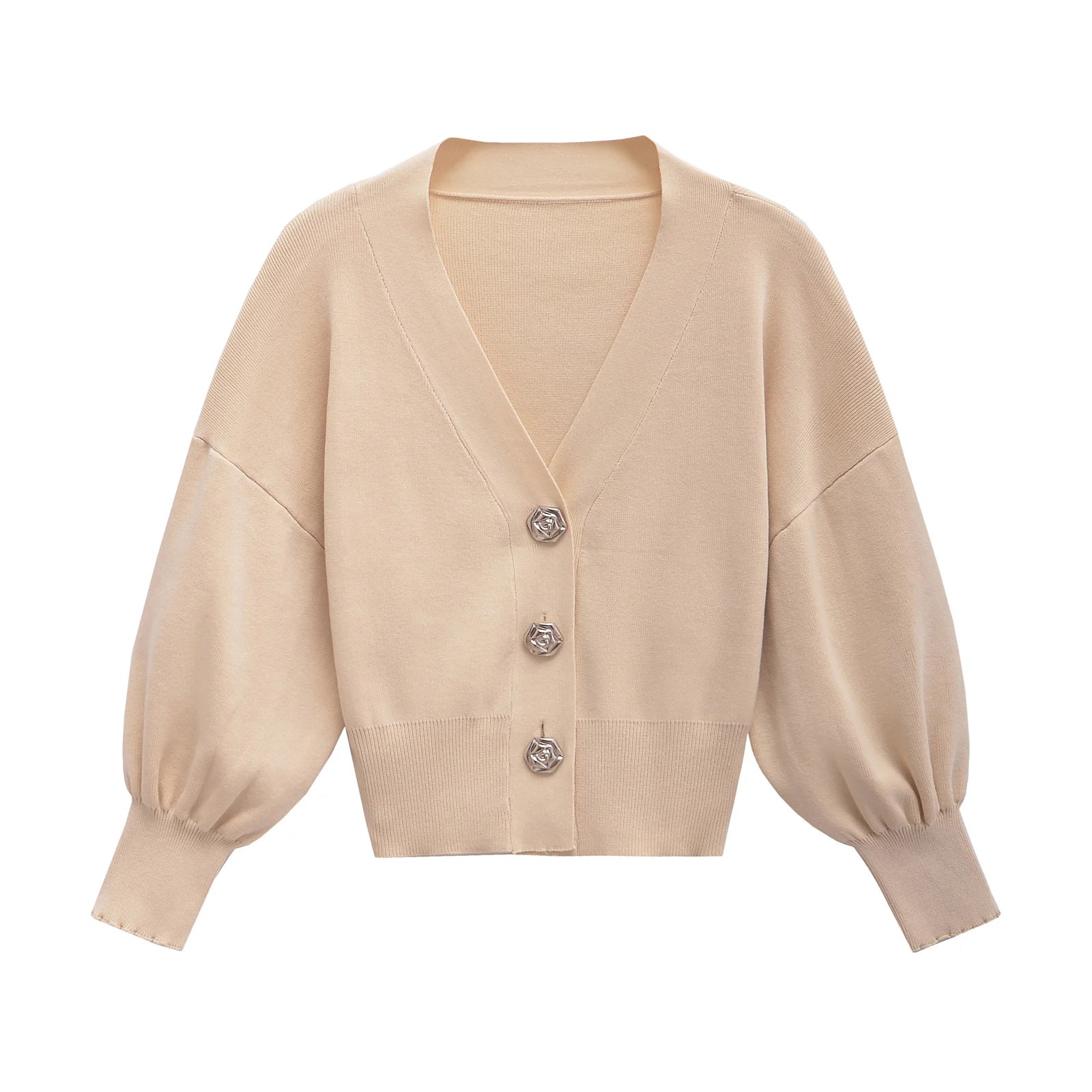 Autumn Buttoned Blouson Cardigan Knit Sweater for Office	