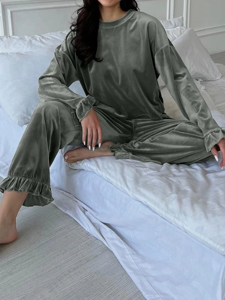 Velour Loungewear Frilled Pajama Set 2 Piece Velvet Pants & Top | Chuzko.com