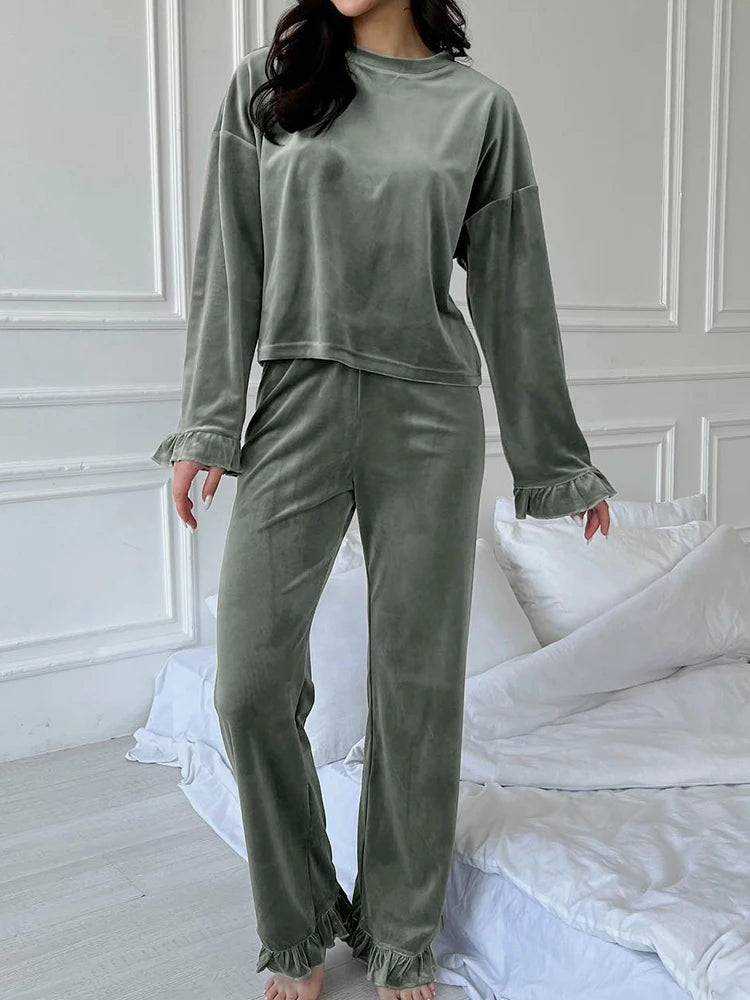 Velour Loungewear Frilled Pajama Set 2 Piece Velvet Pants & Top | Chuzko.com