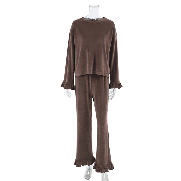 Velour Loungewear Frilled Pajama Set 2 Piece Velvet Pants & Top | Chuzko.com