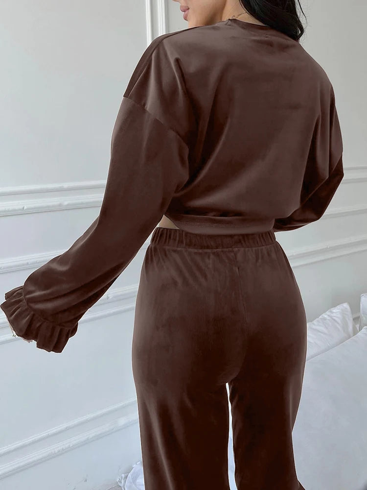 Velour Loungewear Frilled Pajama Set 2 Piece Velvet Pants & Top | Chuzko.com