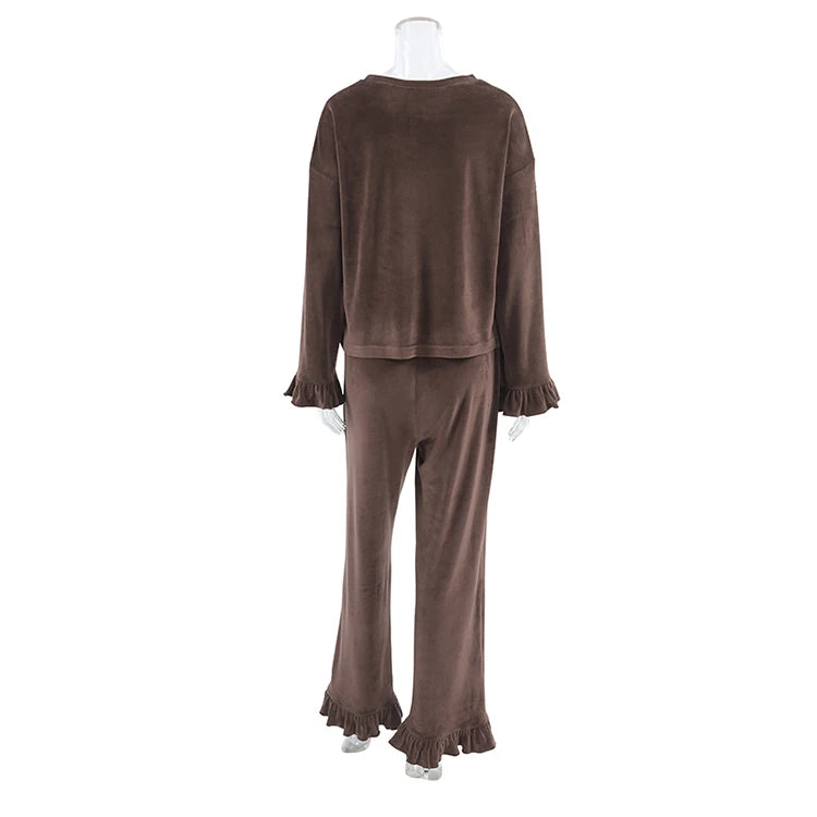 Velour Loungewear Frilled Pajama Set 2 Piece Velvet Pants & Top | Chuzko.com