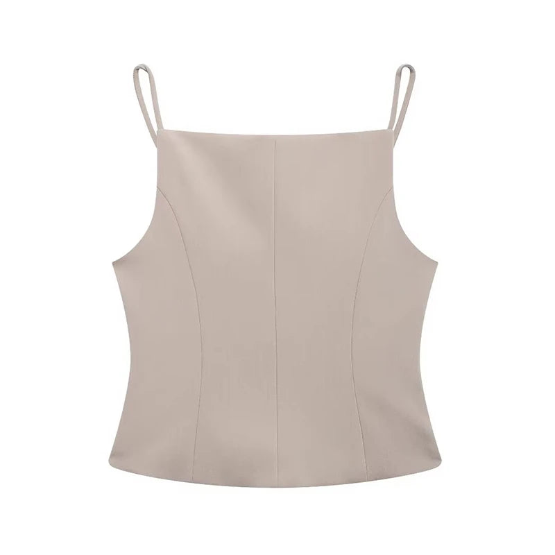 Structured Beige Top Sleeveless Blouse for Networking Events | Chuzko.com