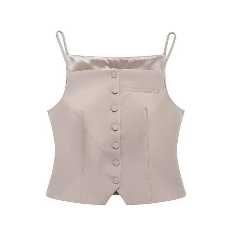 Structured Beige Top Sleeveless Blouse for Networking Events	