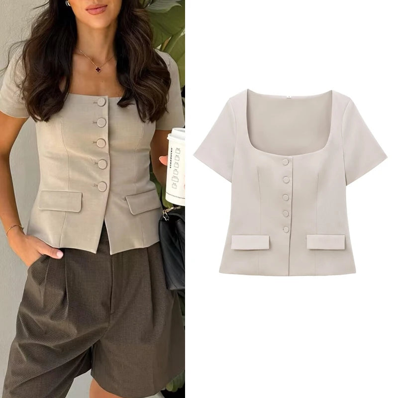 Structured Business Blouse Short-Sleeved Top for Office Blouses | Chuzko.com