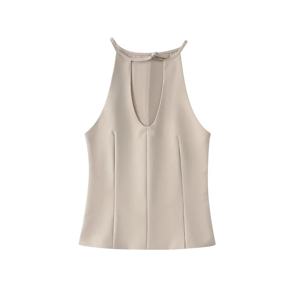 Neutral Tone Blouse Belted Sleeveless Top Sleeveless Blouses | Chuzko.com