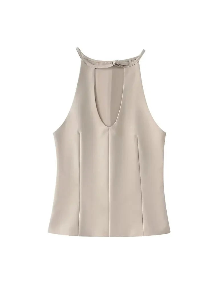 Neutral Tone Blouse Belted Sleeveless Top Sleeveless Blouses | Chuzko.com