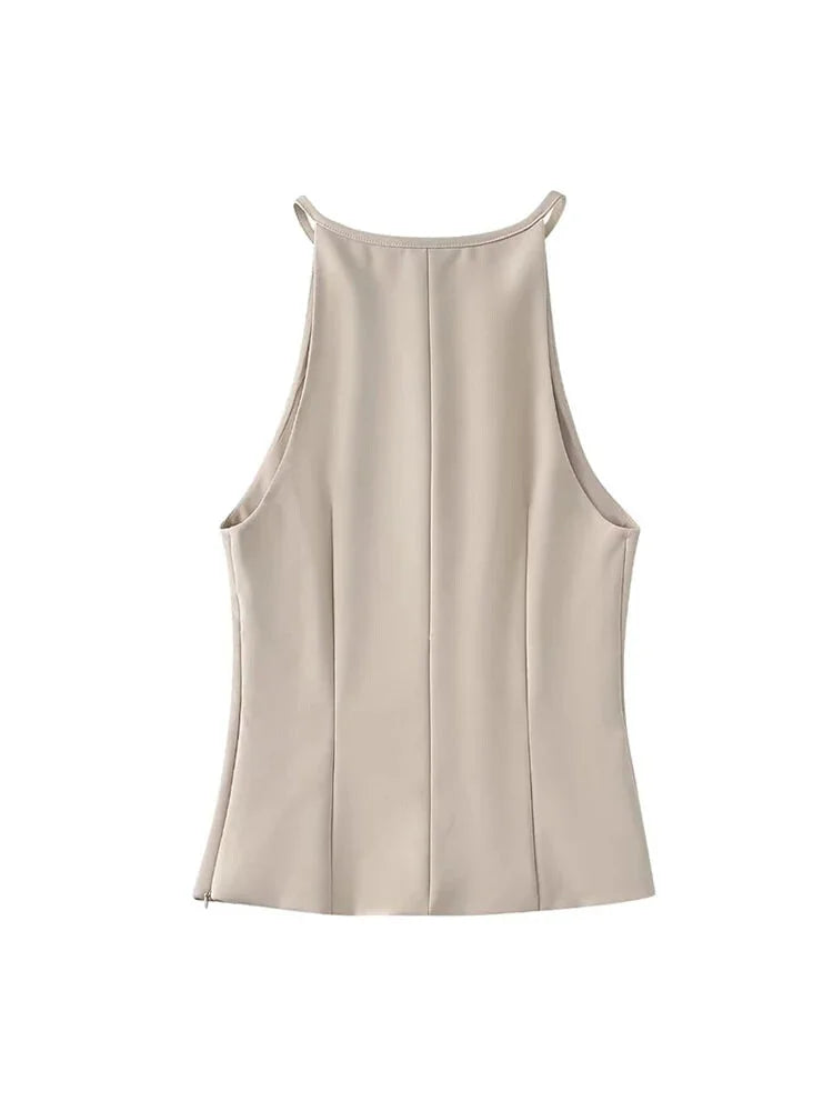 Neutral Tone Blouse Belted Sleeveless Top Sleeveless Blouses | Chuzko.com