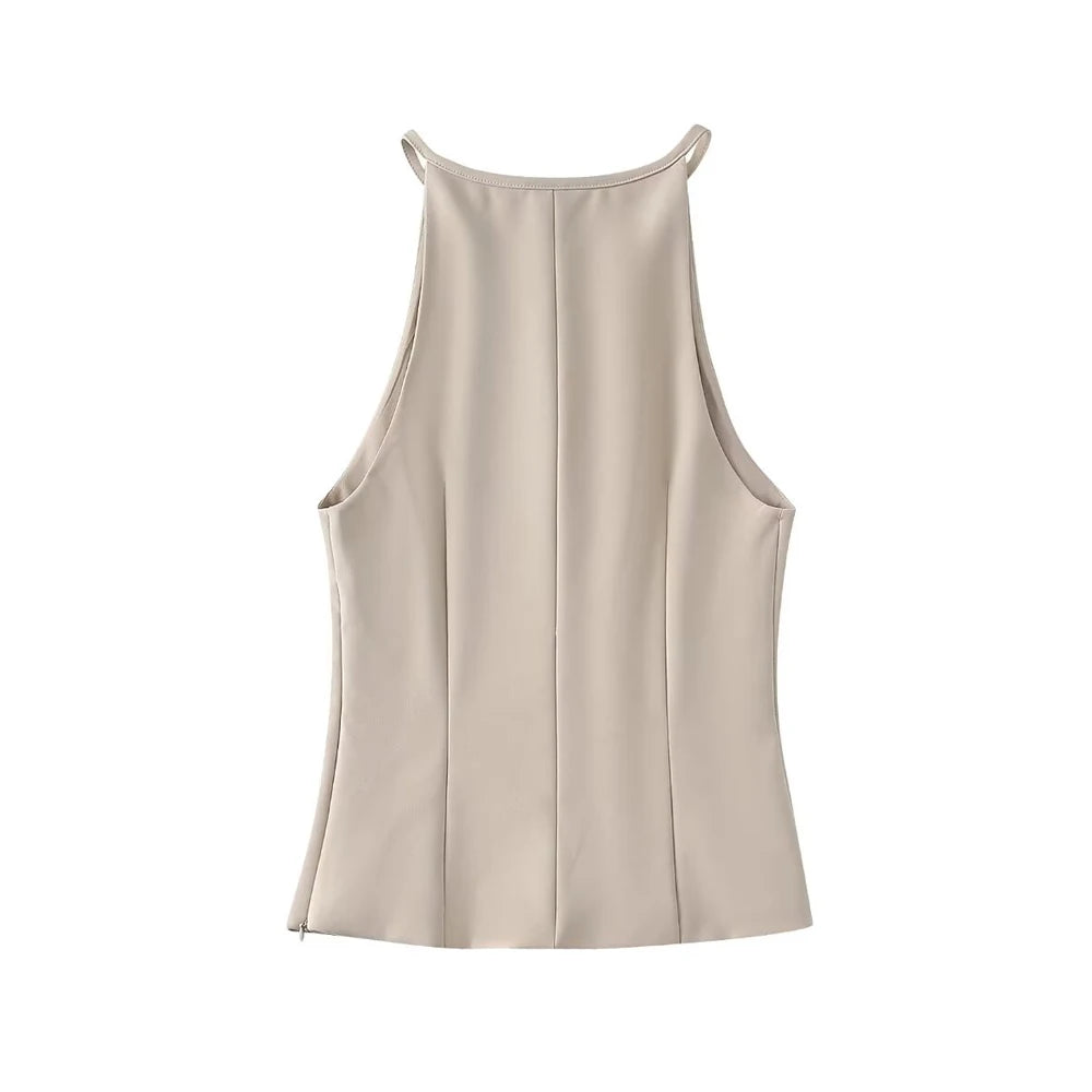 Neutral Tone Blouse Belted Sleeveless Top Sleeveless Blouses | Chuzko.com