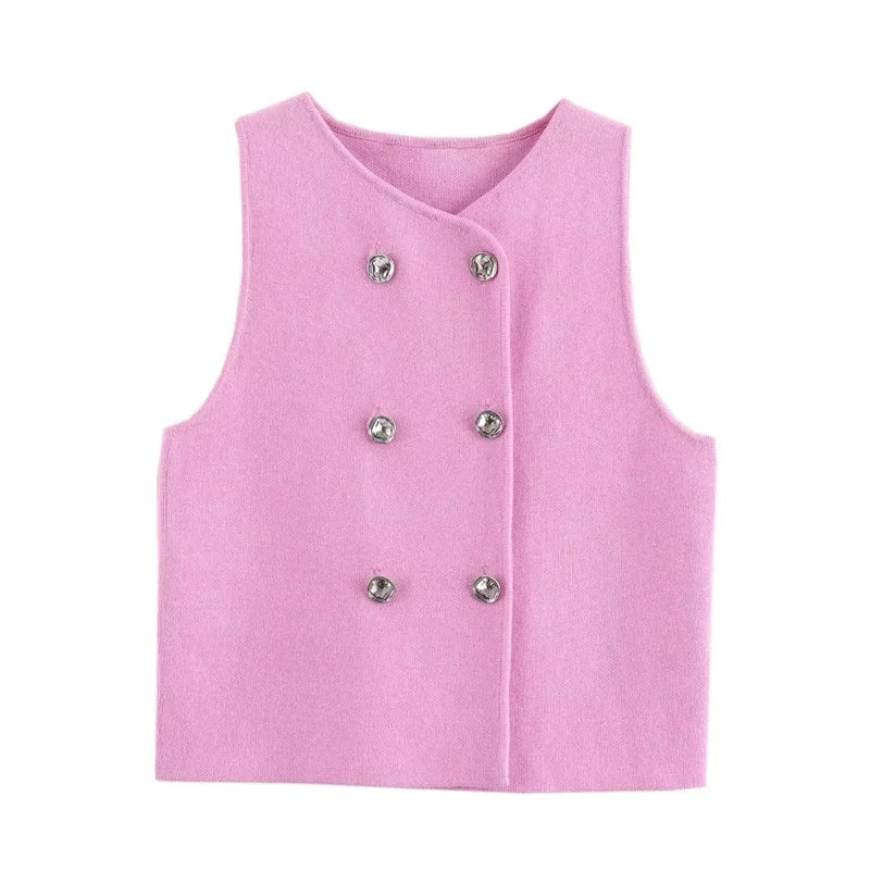 Double-Breasted Crop Vest Knitted Sleeveless Topper Knit Tops | Chuzko.com