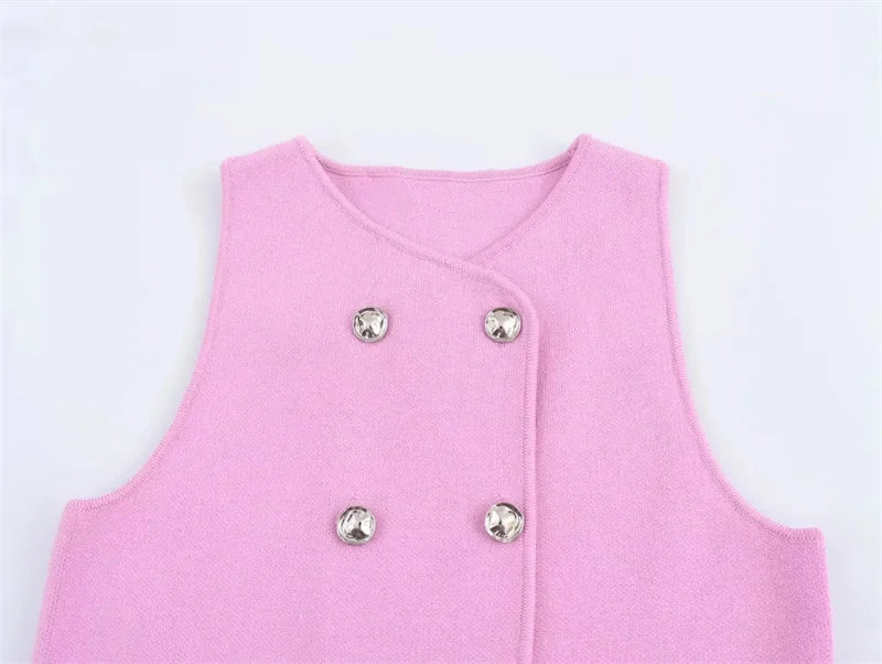 Double-Breasted Crop Vest Knitted Sleeveless Topper Knit Tops | Chuzko.com