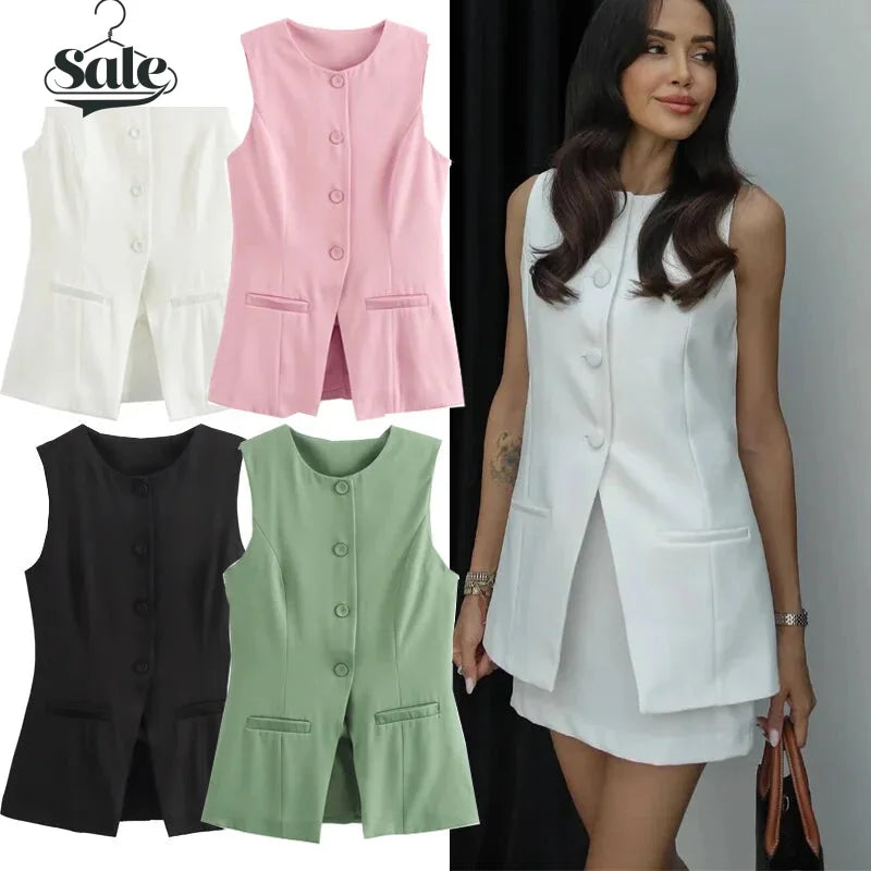 Workwear Sleeveless Blouse Office-Ready Buttoned Top Vest | Chuzko.com