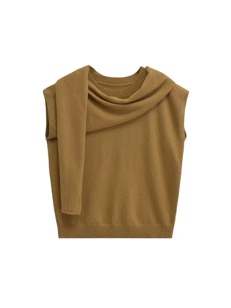 Scarf Neck Top Sleeveless Knit Sweater	