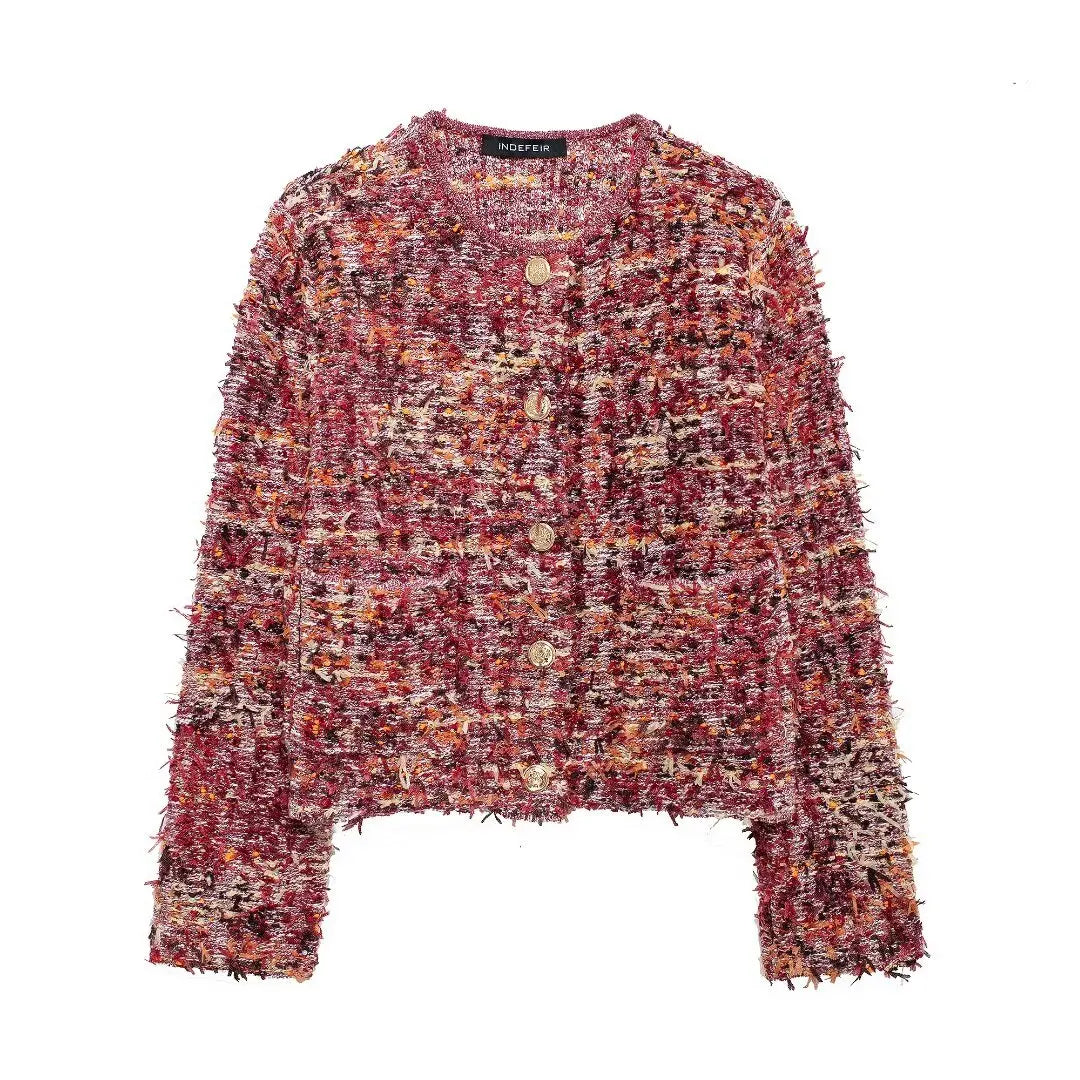 Multicolor Tweed Knit Cardigan Fluffy Office Knitwear Cardigans | Chuzko.com