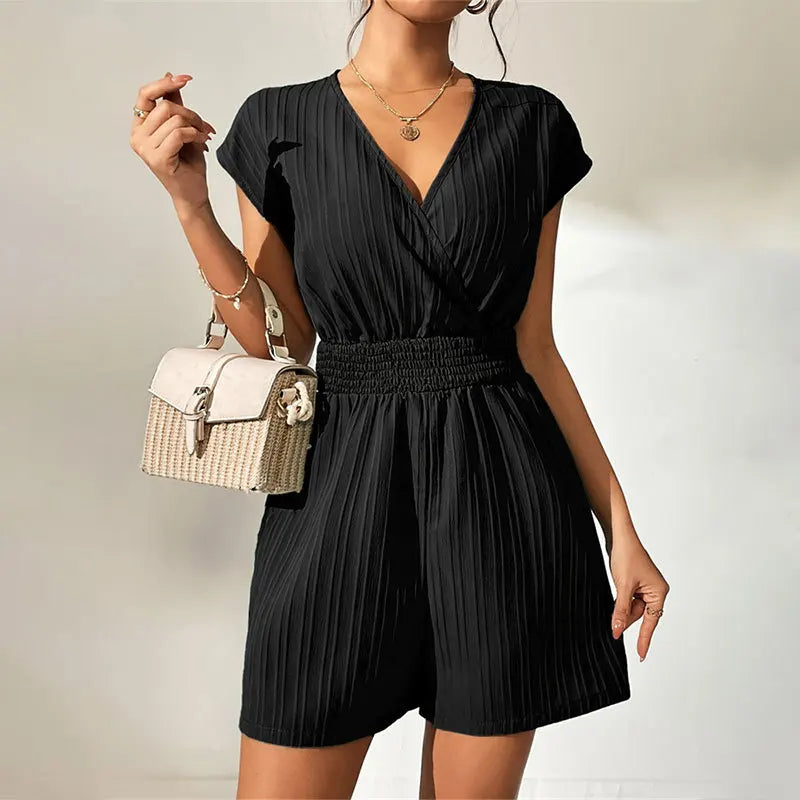 Pleated Surplice V-Neck Playsuit Smocked Waistband Romper	