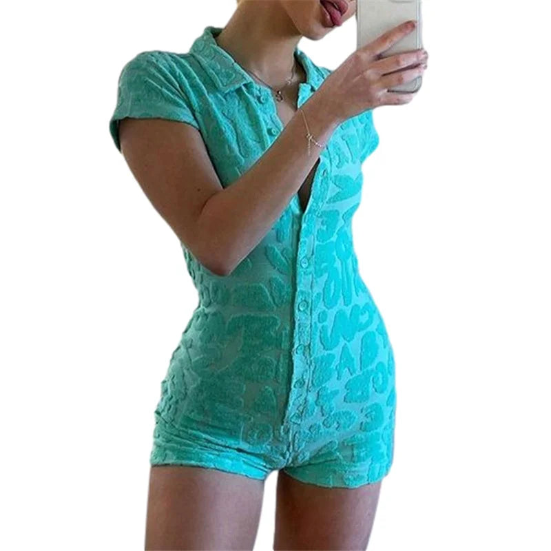 Textured Playsuit Tailored Buttoned Romper Rompers | Chuzko.com