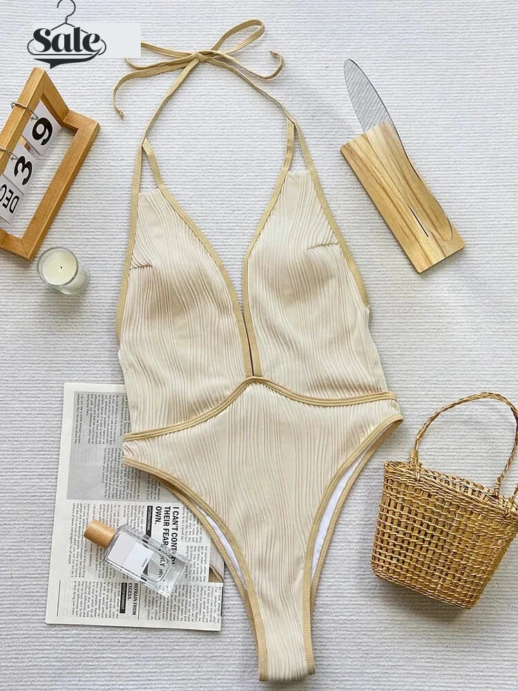 Plunge One-Piece Swimwear Gold-Trimmed Bathing Suit	