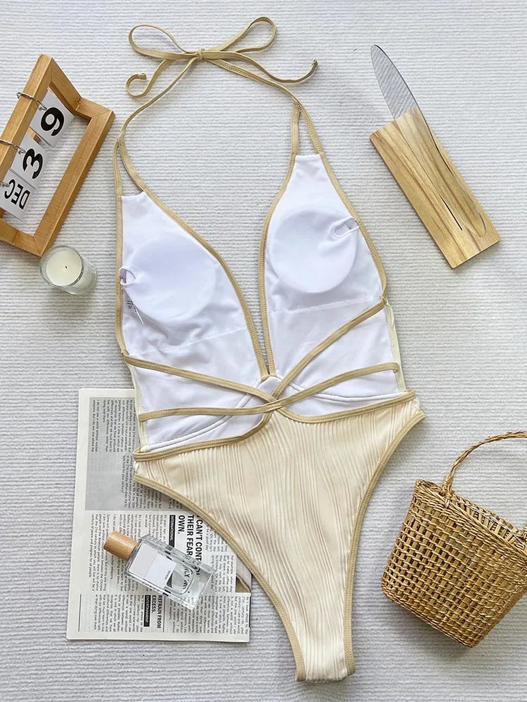 Plunge One-Piece Swimwear Gold-Trimmed Bathing Suit Swimwear | Chuzko.com