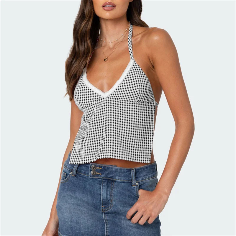 Gingham Halter Backless Top for Summer Sleeveless Blouses | Chuzko.com