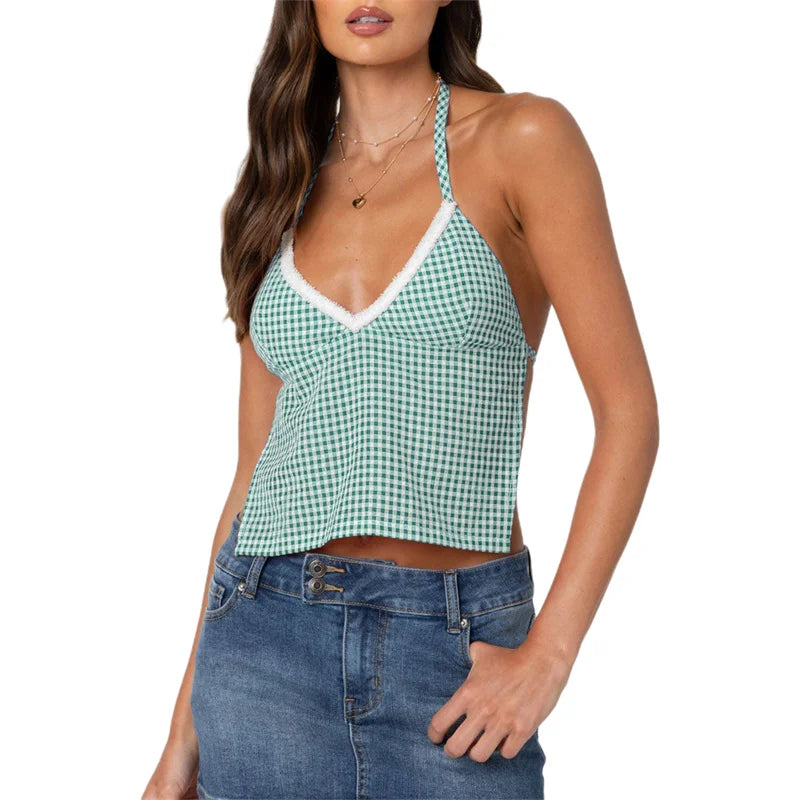 Gingham Halter Backless Top for Summer Sleeveless Blouses | Chuzko.com