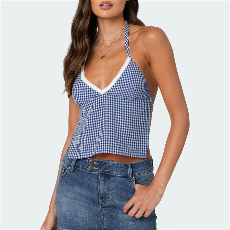 Gingham Halter Backless Top for Summer Sleeveless Blouses | Chuzko.com