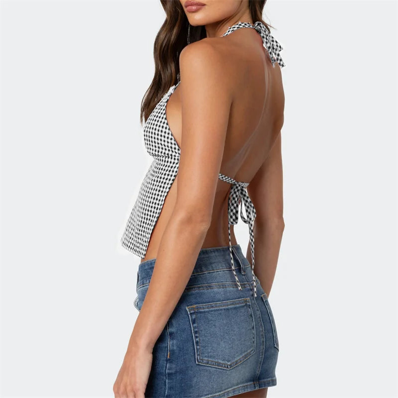 Gingham Halter Backless Top for Summer Sleeveless Blouses | Chuzko.com