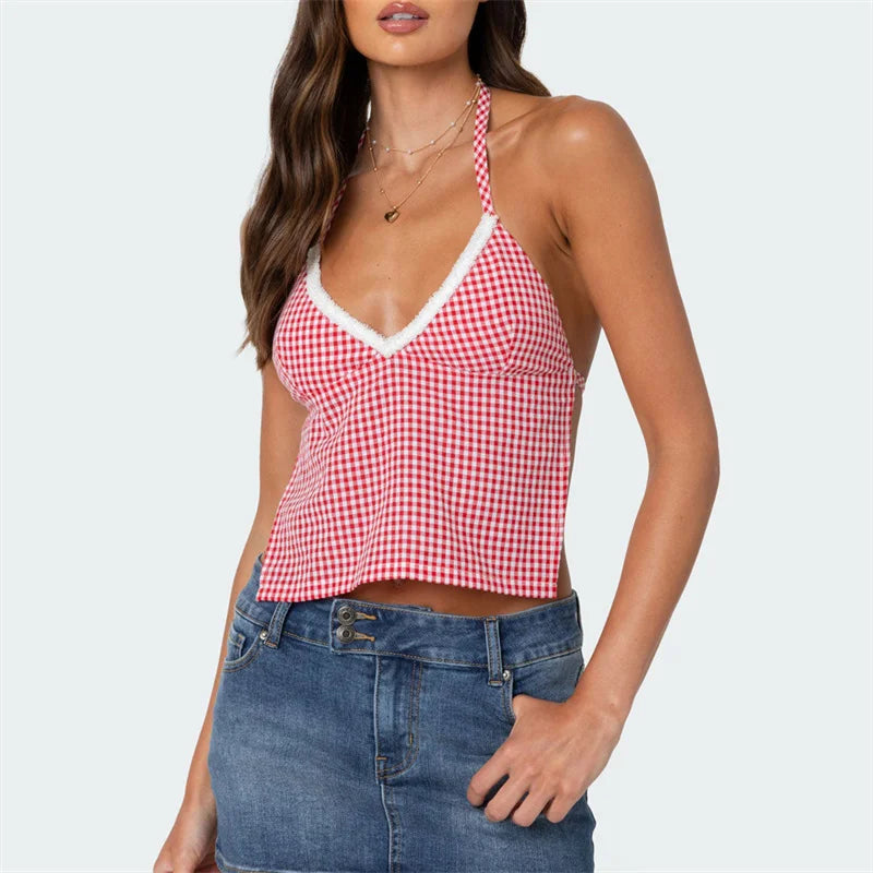 Gingham Halter Backless Top for Summer	