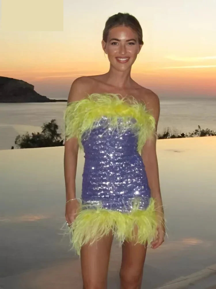 Feather Trim Strapless Sequin Dress for Fashion Shows	