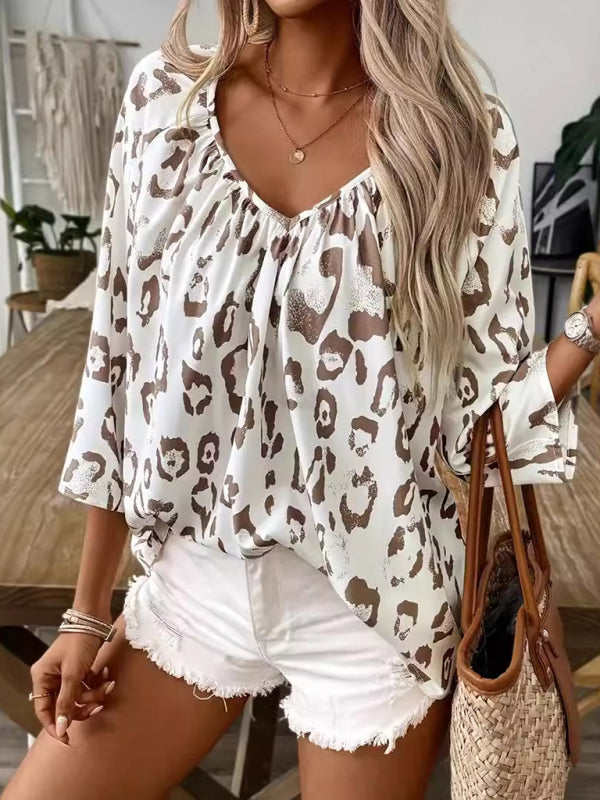 Leopard Print Loose Blouse with 3/4 Sleeves Blouses | Chuzko.com