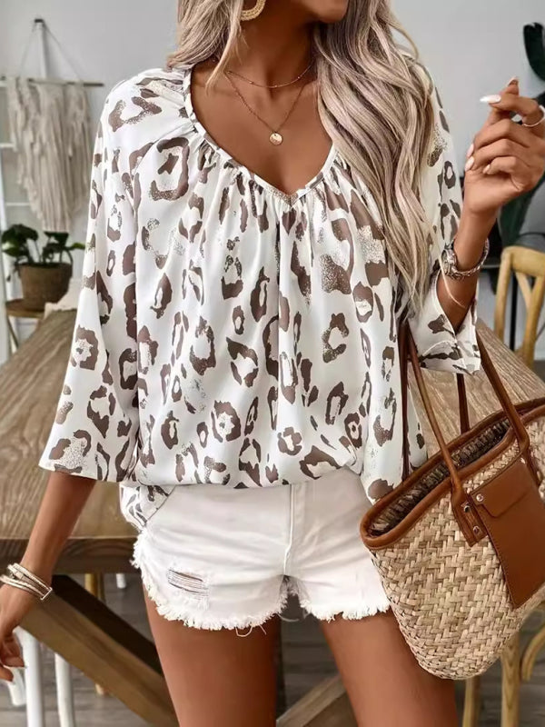 Leopard Print Loose Blouse with 3/4 Sleeves	