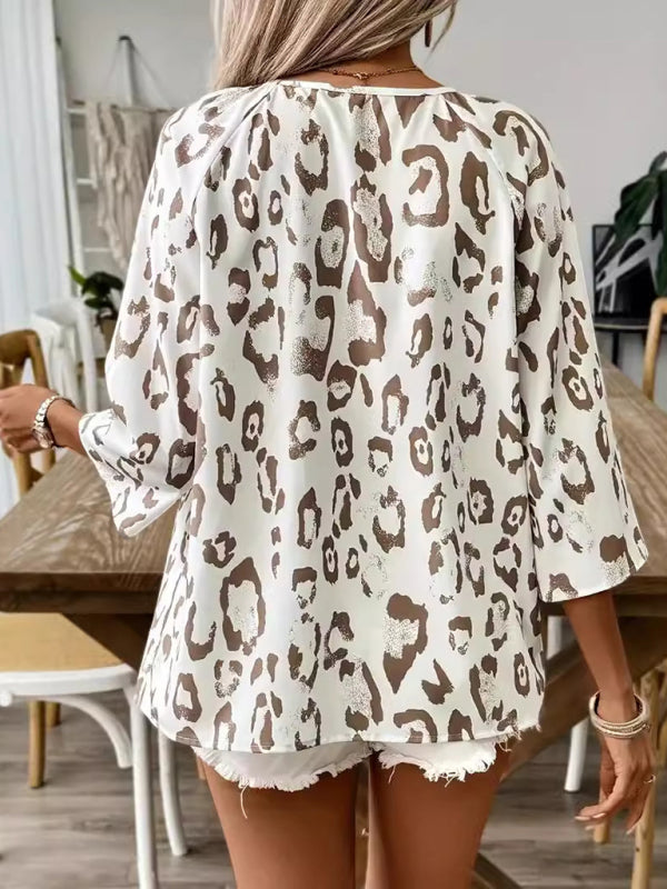 Leopard Print Loose Blouse with 3/4 Sleeves Blouses | Chuzko.com