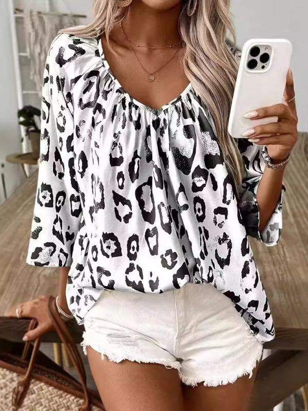 Leopard Print Loose Blouse with 3/4 Sleeves Blouses | Chuzko.com