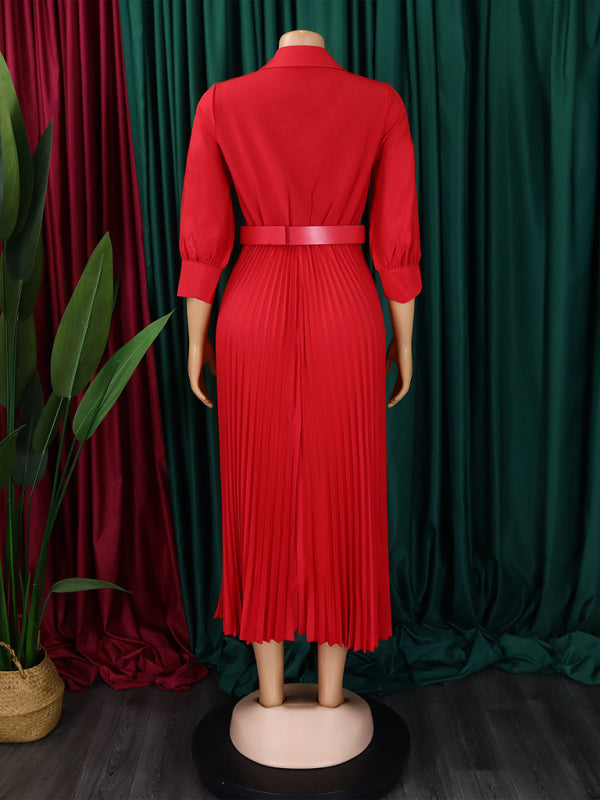 Belted Elegant Pleated Midi Dress for Cocktail Affairs Elegant | Chuzko.com