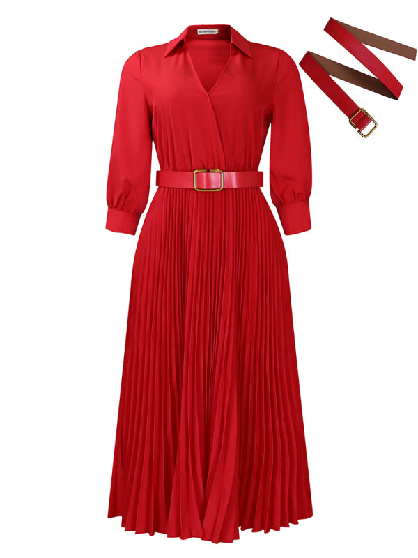 Belted Elegant Pleated Midi Dress for Cocktail Affairs Elegant | Chuzko.com