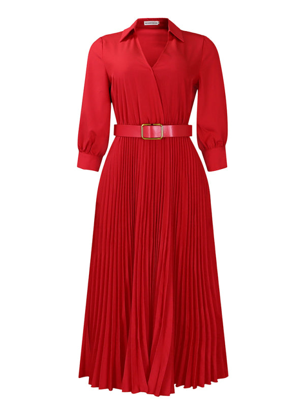 Belted Elegant Pleated Midi Dress for Cocktail Affairs Elegant | Chuzko.com