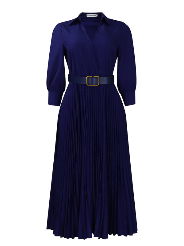 Belted Elegant Pleated Midi Dress for Cocktail Affairs Elegant | Chuzko.com