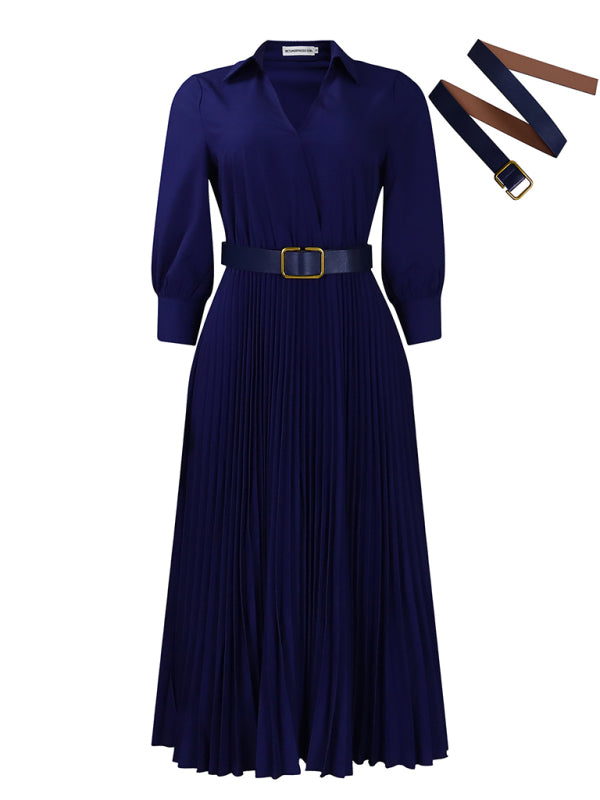 Belted Elegant Pleated Midi Dress for Cocktail Affairs Elegant | Chuzko.com