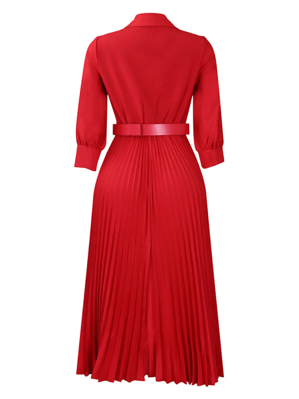 Belted Elegant Pleated Midi Dress for Cocktail Affairs Elegant | Chuzko.com