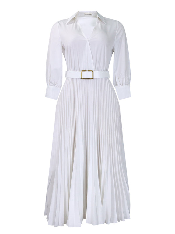 Belted Elegant Pleated Midi Dress for Cocktail Affairs Elegant | Chuzko.com