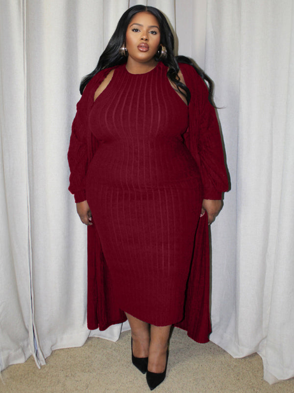 Ribbed Plus Size Dress & Cardigan Set for Office to Evening	