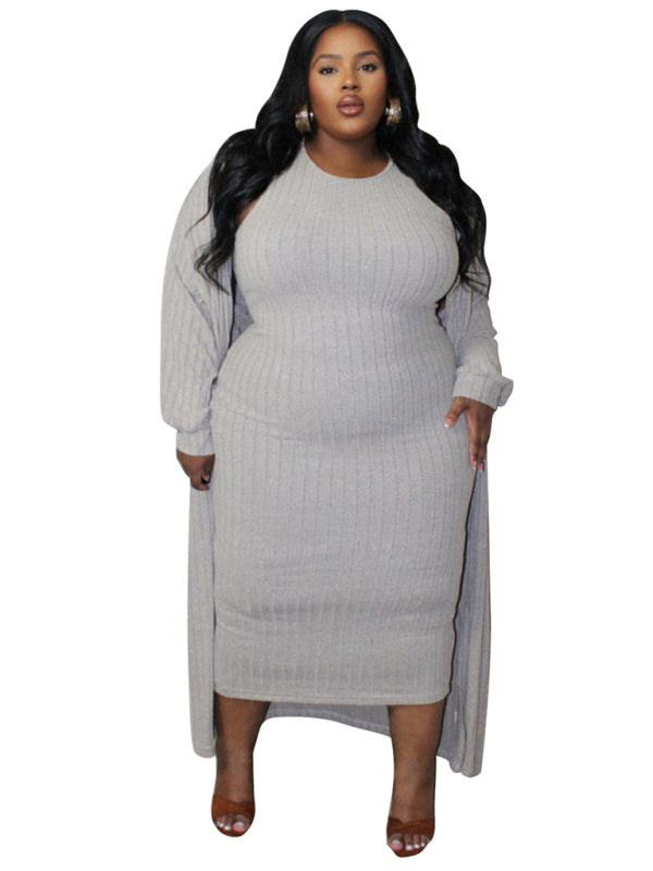 Ribbed Plus Size Dress & Cardigan Set for Office to Evening | Chuzko.com