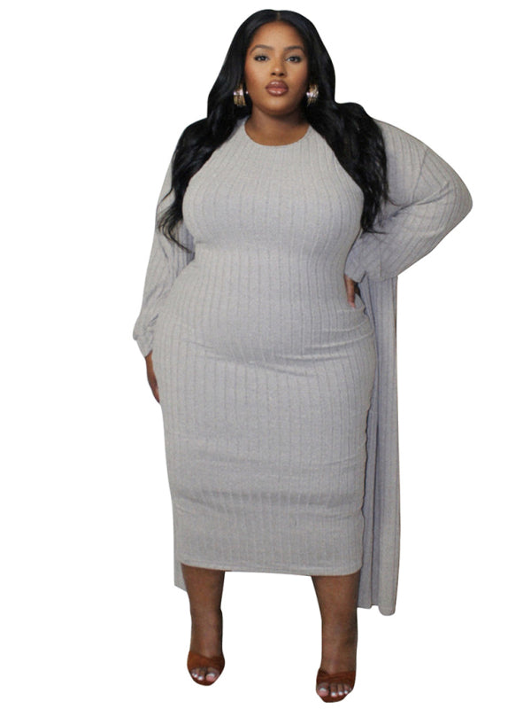 Ribbed Plus Size Dress & Cardigan Set for Office to Evening | Chuzko.com