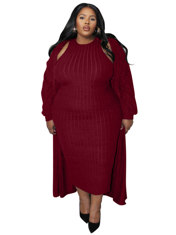 Ribbed Plus Size Dress & Cardigan Set for Office to Evening | Chuzko.com