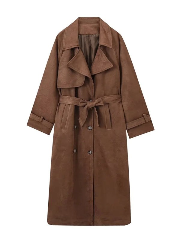 Winter Faux Suede Trench Coat Belted Notch Outerwear Coats | Chuzko.com