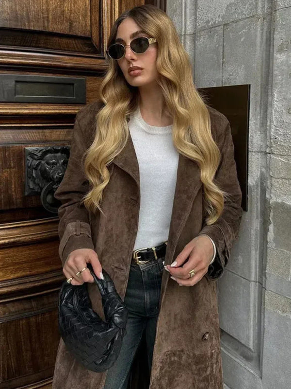 Winter Faux Suede Trench Coat Belted Notch Outerwear Coats | Chuzko.com