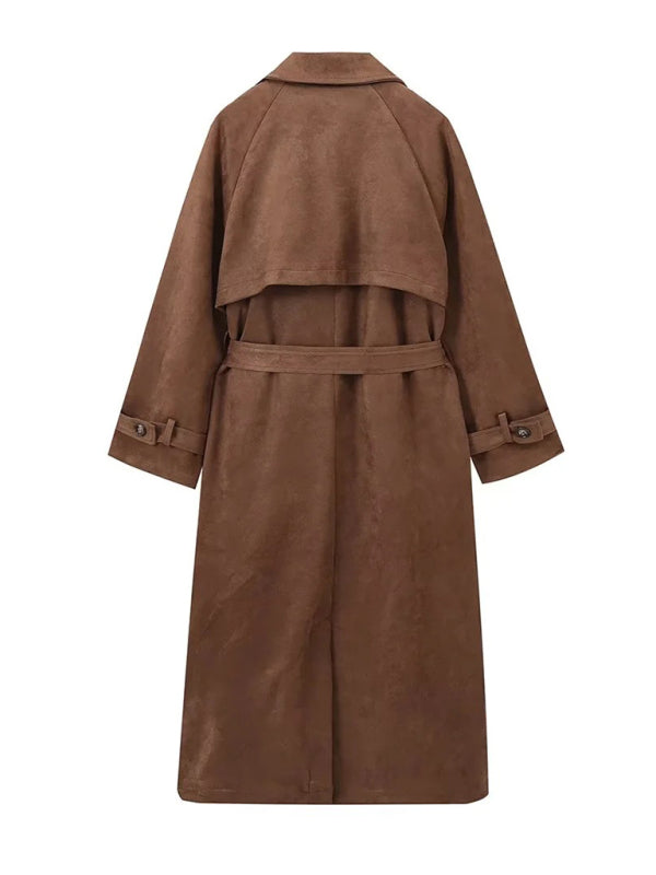 Winter Faux Suede Trench Coat Belted Notch Outerwear Coats | Chuzko.com