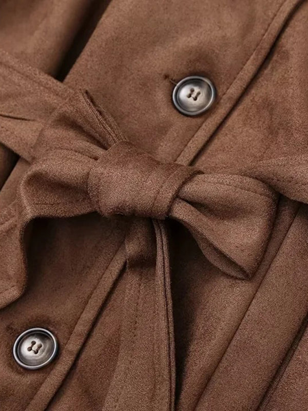 Winter Faux Suede Trench Coat Belted Notch Outerwear Coats | Chuzko.com