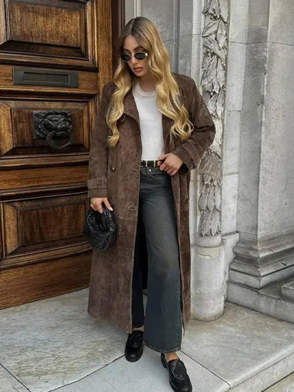 Winter Faux Suede Trench Coat Belted Notch Outerwear Coats | Chuzko.com