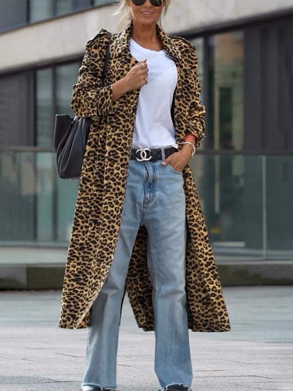 Leopard Print Notch Lapel Coat Evening Windbreaker Coats | Chuzko.com